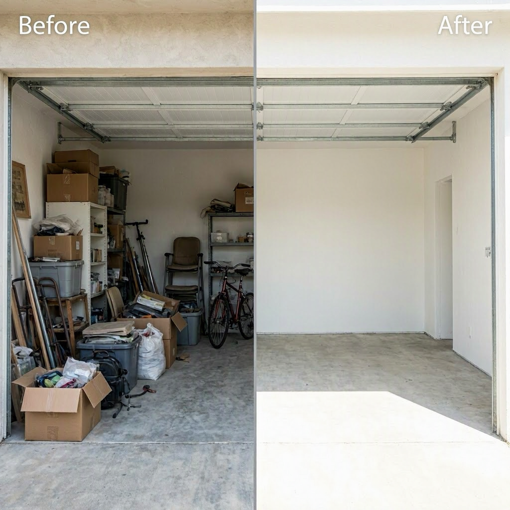 Garage cleanout before and after — cluttered garage transformed to clean empty space